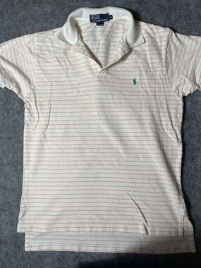 Vintage Polo Ralph Lauren Men's Medium White Orange Mini Stripes Short Sleeve Po